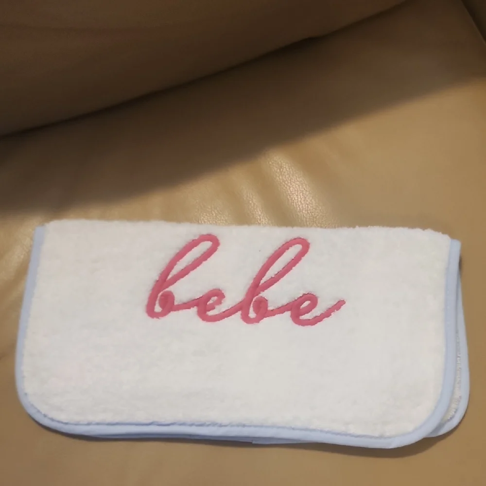 Bebe White Wash Cloth Monogram Pink Logo and Light Blue Trim 100% Cotton NWOT.
